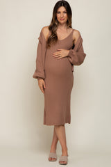 Taupe Ribbed Midi Dress and Cardigan Maternity Set