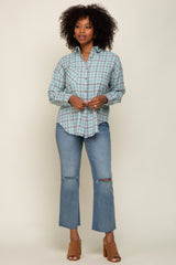 Mint Green Plaid Button Up Raw Edge Flannel Top