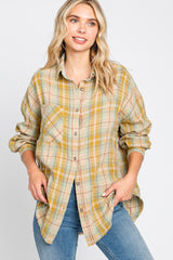 Gold Plaid Button Up Raw Edge Maternity Flannel Top