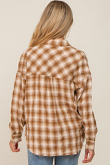 Mocha Plaid Button Up Raw Edge Maternity Flannel Top