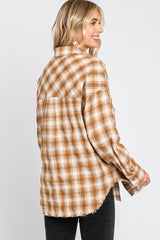 Mocha Plaid Button Up Raw Edge Flannel Top