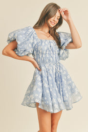 French Blue Floral Bubble Sleeve Flared Mini Dress