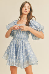 French Blue Floral Bubble Sleeve Flared Mini Dress