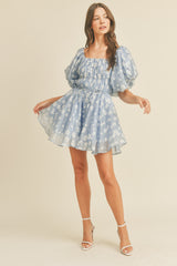 French Blue Floral Bubble Sleeve Flared Mini Dress