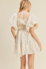 Ivory Floral Bubble Sleeve Flared Mini Dress