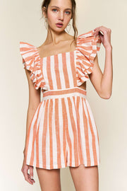 Orange Stripe Romper With Square Neck