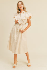 Beige Button Down Flutter Sleeve Midi Dress