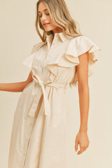 Beige Button Down Flutter Sleeve Midi Dress