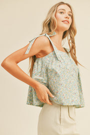 Blue Floral Button Down Tie Strap Tank