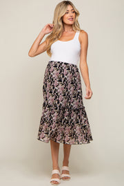 Black Floral Plisse Ruffle Accent Maternity Midi Skirt