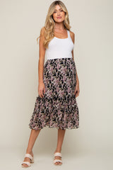 Black Floral Plisse Ruffle Accent Maternity Midi Skirt