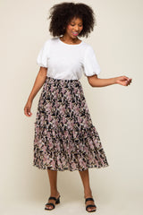 Black Floral Plisse Ruffle Accent Maternity Midi Skirt