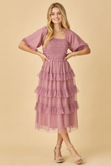 Mauve Dot Smocked Ruffle Tiered Maternity Midi Dress