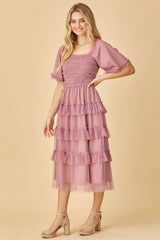 Mauve Dot Smocked Ruffle Tiered Midi Dress