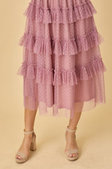 Mauve Dot Smocked Ruffle Tiered Midi Dress