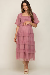 Mauve Dot Smocked Ruffle Tiered Maternity Midi Dress