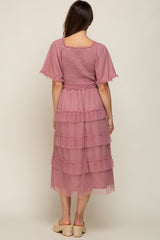 Mauve Dot Smocked Ruffle Tiered Maternity Midi Dress