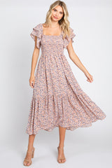 Light Pink Floral Flutter Midi Dress