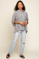 Black Striped Dolman Button Down Top