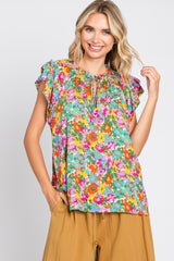 Mint Green Multi-Color Floral Ruffle Front Tie Top