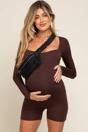 Brown Square Neck Long Sleeve Maternity Romper