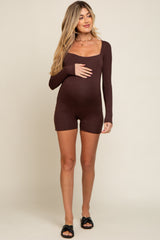 Brown Square Neck Long Sleeve Maternity Romper