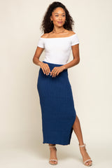 Navy Blue Ribbed Side Slit Sweater Maternity Midi Skirt