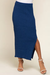 Navy Blue Ribbed Side Slit Sweater Midi Skirt