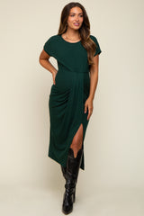 Forest Green Ribbed Front Drape Maternity Midi Dress