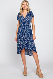 Navy Blue Printed V-Neck Wrap Dress