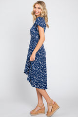 Navy Blue Printed V-Neck Wrap Dress