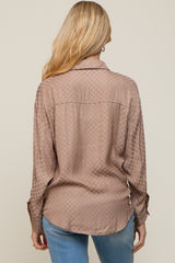 Brown Satin Checkered Button-Down Long Sleeve Maternity Top