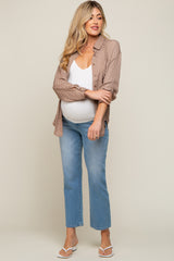 Brown Satin Checkered Button-Down Long Sleeve Maternity Top