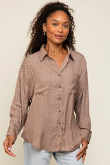 Brown Satin Checkered Button-Down Long Sleeve Maternity Top