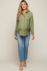 Olive Satin Checkered Button-Down Long Sleeve Maternity Top