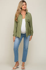 Olive Satin Checkered Button-Down Long Sleeve Maternity Top