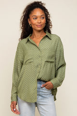 Olive Satin Checkered Button-Down Long Sleeve Maternity Top