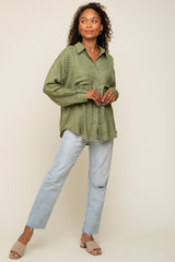 Olive Satin Checkered Button-Down Long Sleeve Top