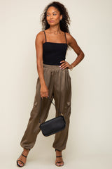 Olive Satin Cargo Maternity Jogger Pants