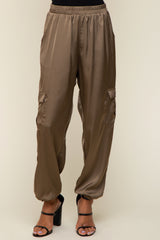 Olive Satin Cargo Jogger Pants