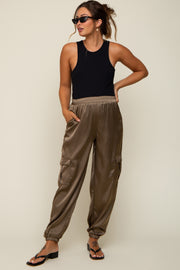 Olive Satin Cargo Maternity Jogger Pants