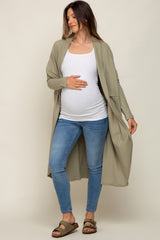 Light Olive Open Front Long Maternity Cardigan