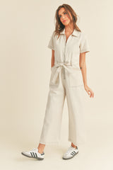 Beige Cotton Zipper Front Jumpsuit With Belt