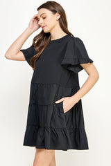 Black Ruffled Tier Short Sleeve Mini Dress