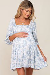 White Floral Puff Sleeve Satin Maternity Dress