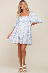 White Floral Puff Sleeve Satin Maternity Dress