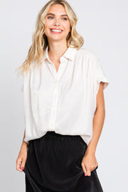 White Satin Button Front Collared Short Sleeve Top