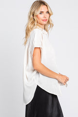 White Satin Button Front Collared Short Sleeve Top