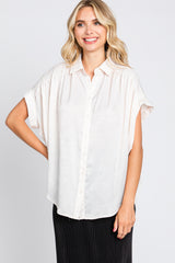 White Satin Button Front Collared Short Sleeve Top