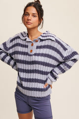 Blue Striped Knit Front Button Sweater